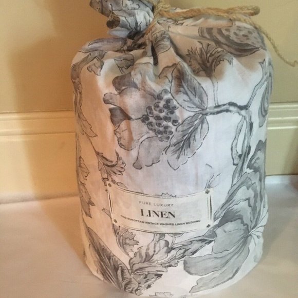 Pure Luxury Linen Gray Floral King Duvet Cover Set - Picture 1 of 2